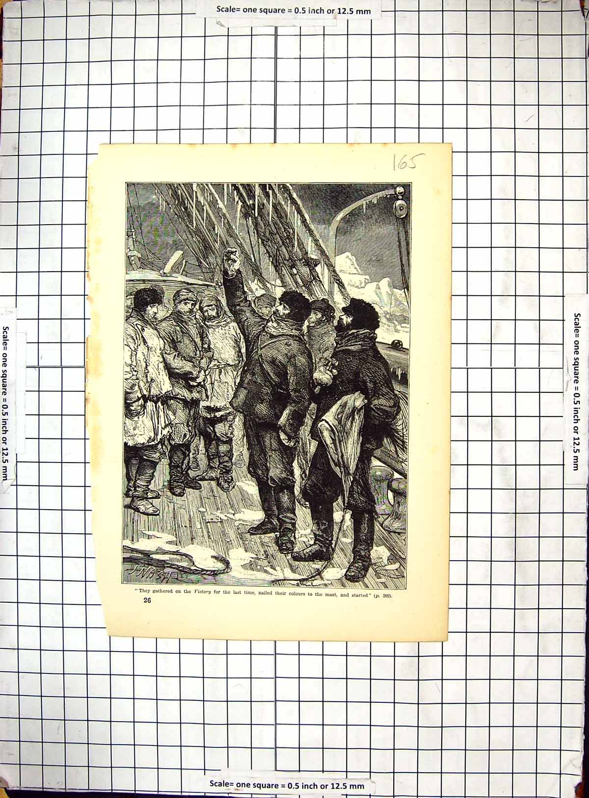 Original Old Antique Print Scene Victory Ship Arctic Ice Men