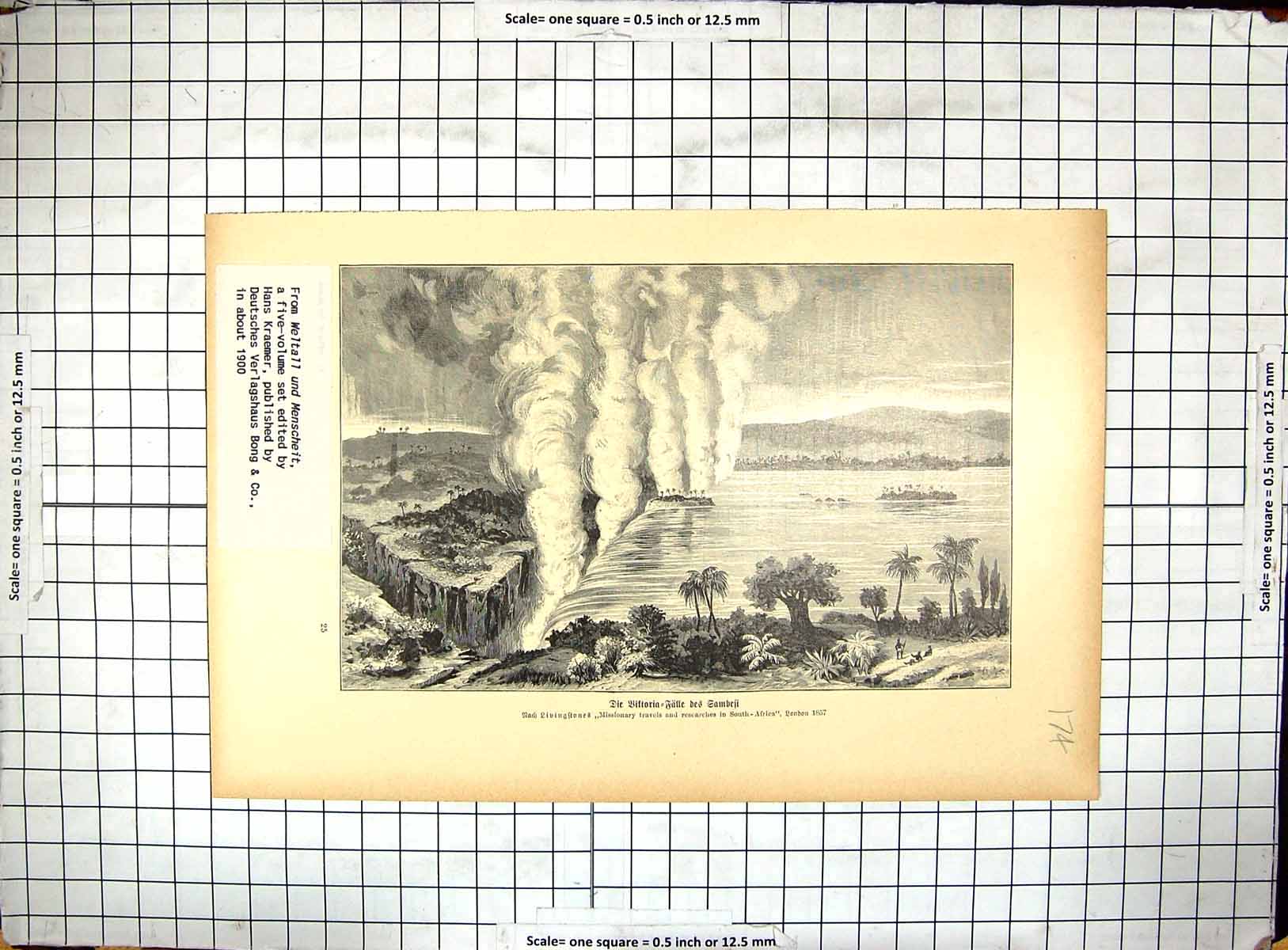 Old Antique Print Livingstone Missionary Travels Africa River Waterfalls