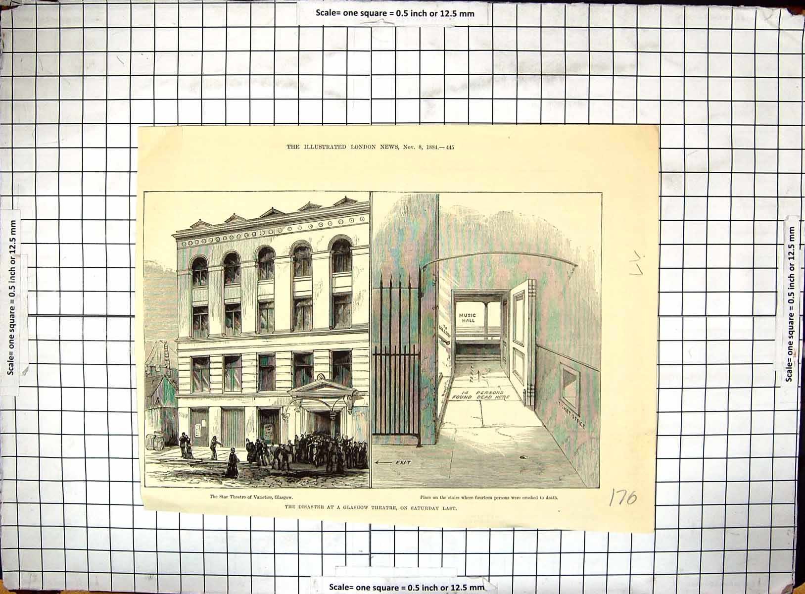 Original Old Antique Print Disaster Glasgow Star Theatre Varieties 1884 19th