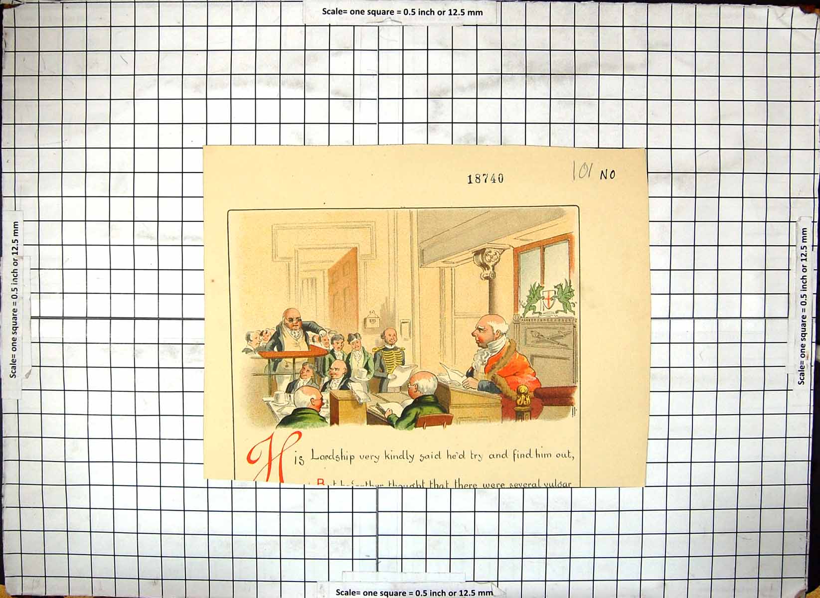 Original Old Antique Print Colour Court Room Scene Judge Witness Box