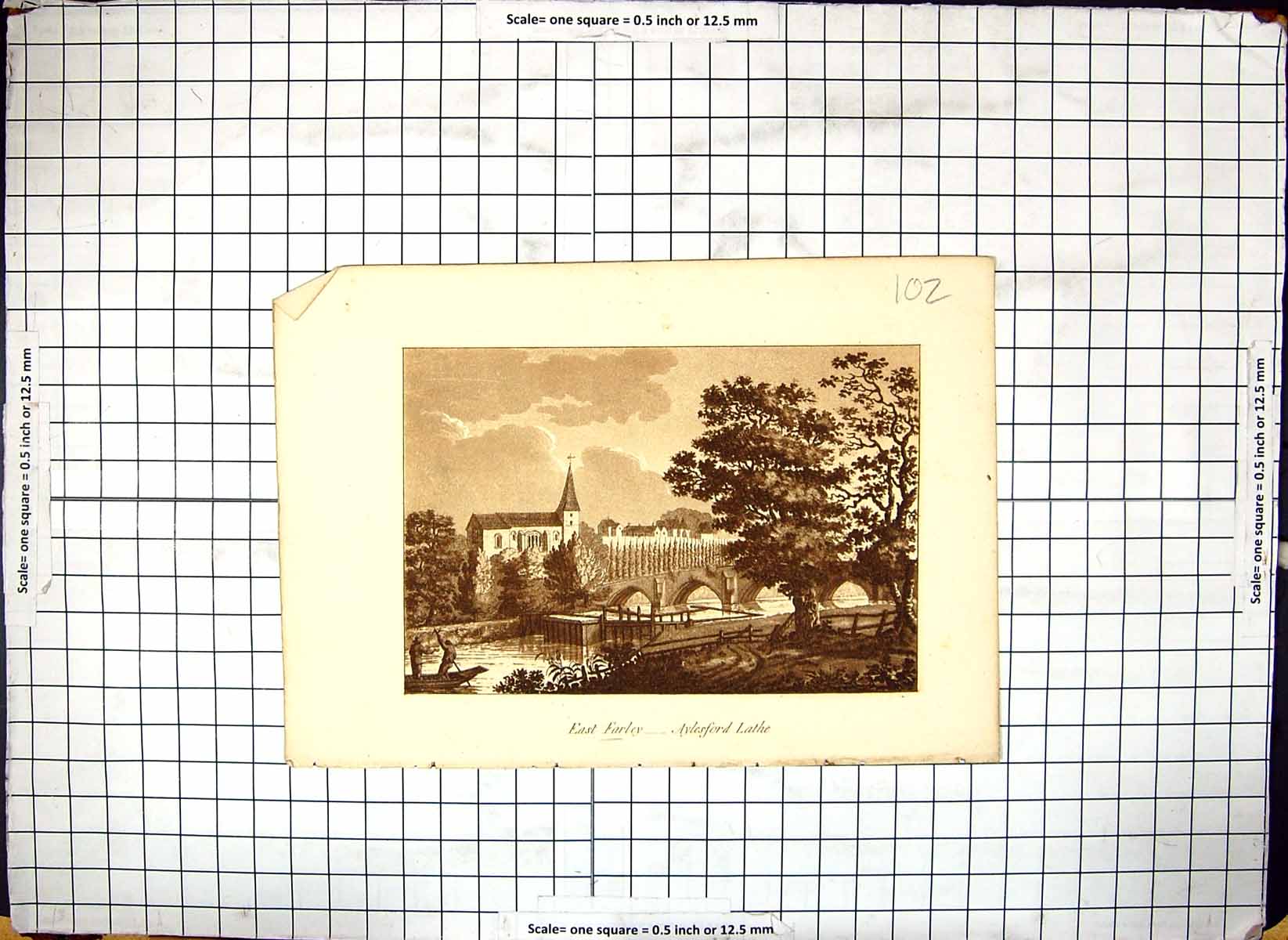 Original Old Antique Print East Farley Aylesford Lathe River Bridge Church