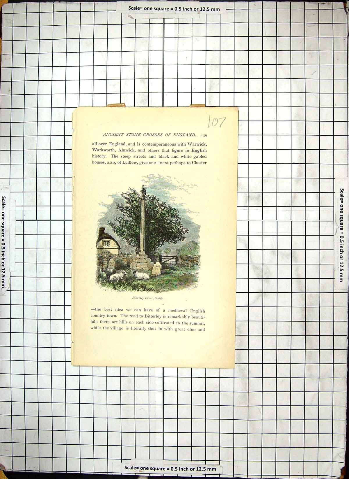Original Old Antique Print Colour Ancient England Stone Bitterley Cross Salop