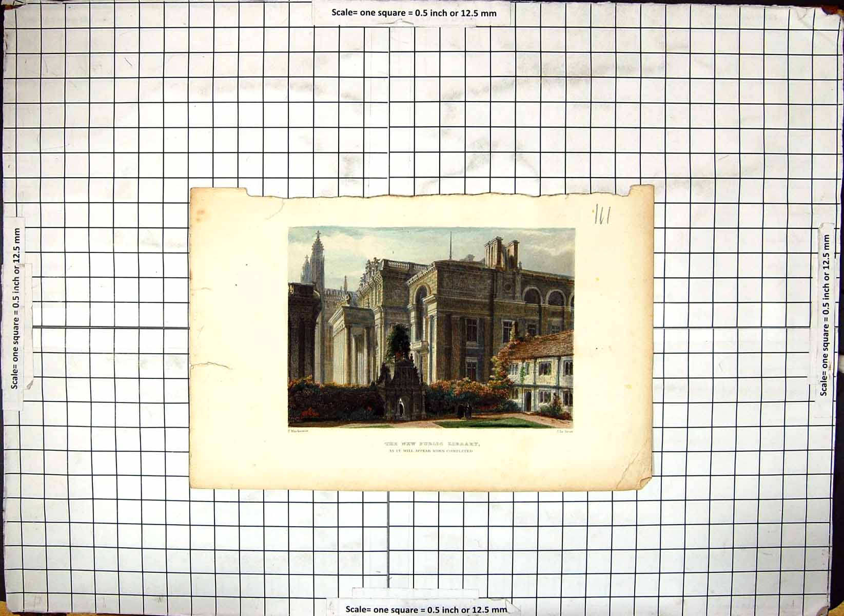 Antique Old Print Colour Engraving Public Library Architecture Mackenzie Keux