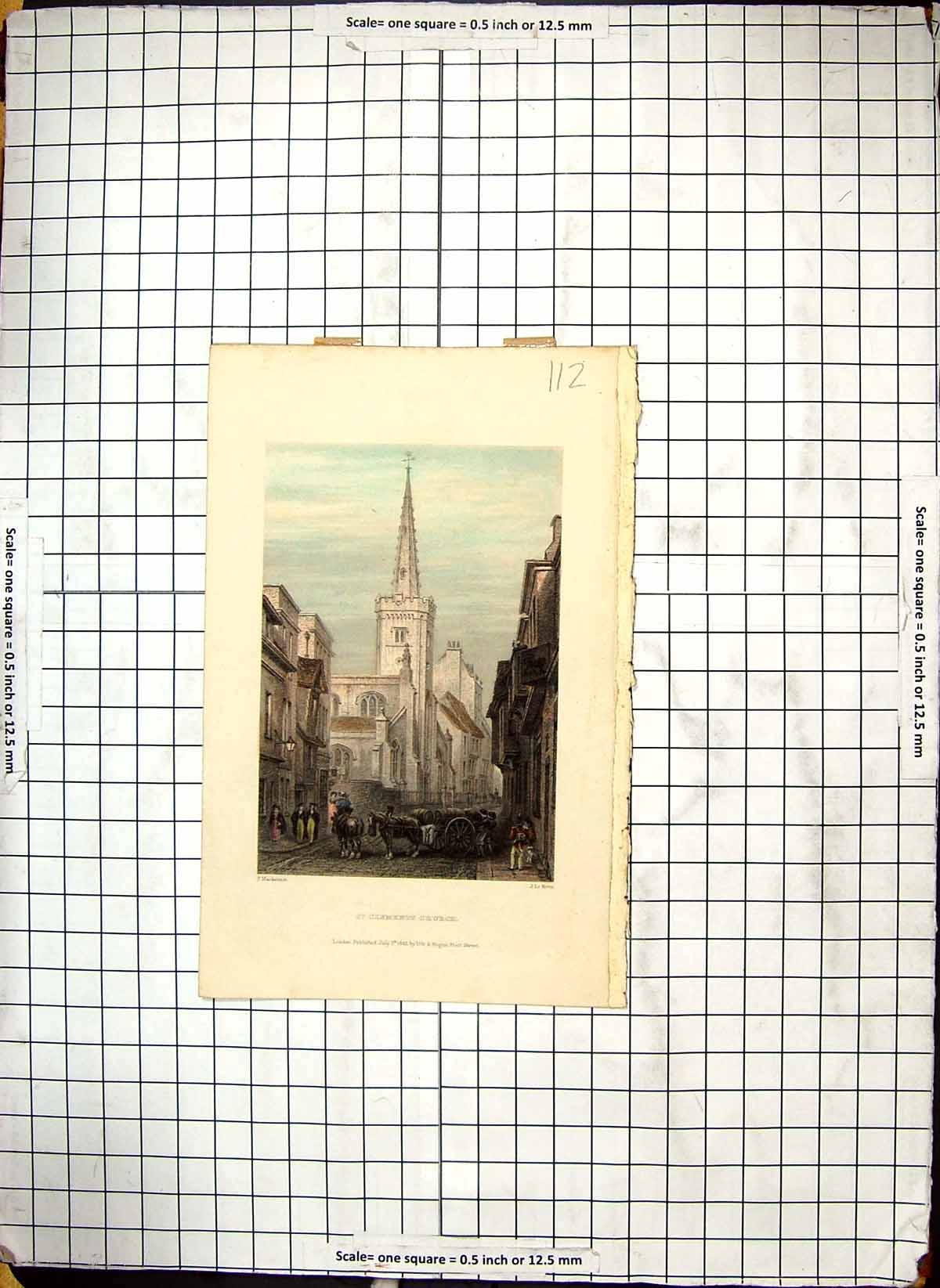 Old Print Engraving 1842 St. Clements Church Architecture Mackenzie Keux 19th