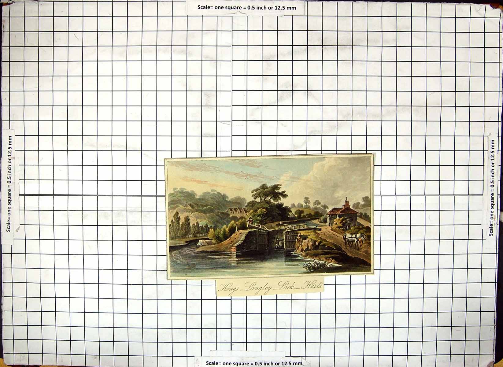 Antique Old Print Colour View Kings Langley Loch Hartfordshire River Scene