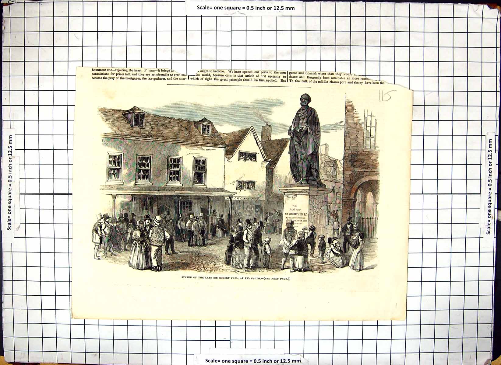 Original Old Antique Print Statue Sir Robert Peel Tamworth England