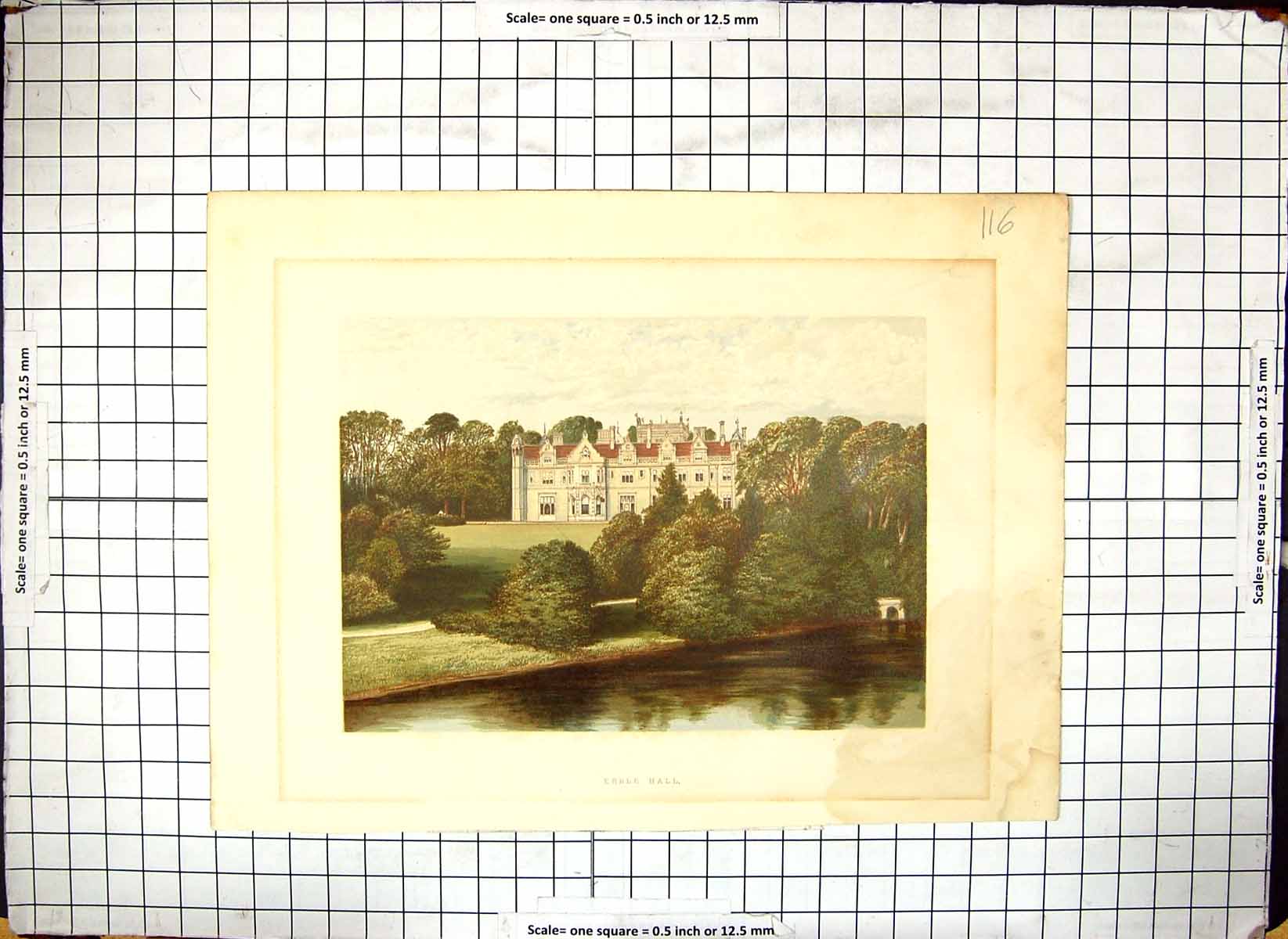 Original Old Antique Print Colour Keele Hall Architecture Garden Scene River