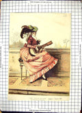 Antique Old Print Colour 1881 Beautiful Woman Guitar Player Music Lucio Rossi