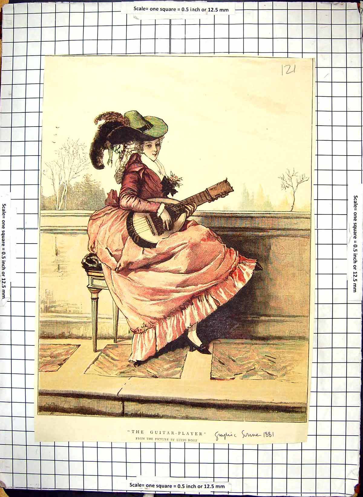Antique Old Print Colour 1881 Beautiful Woman Guitar Player Music Lucio Rossi