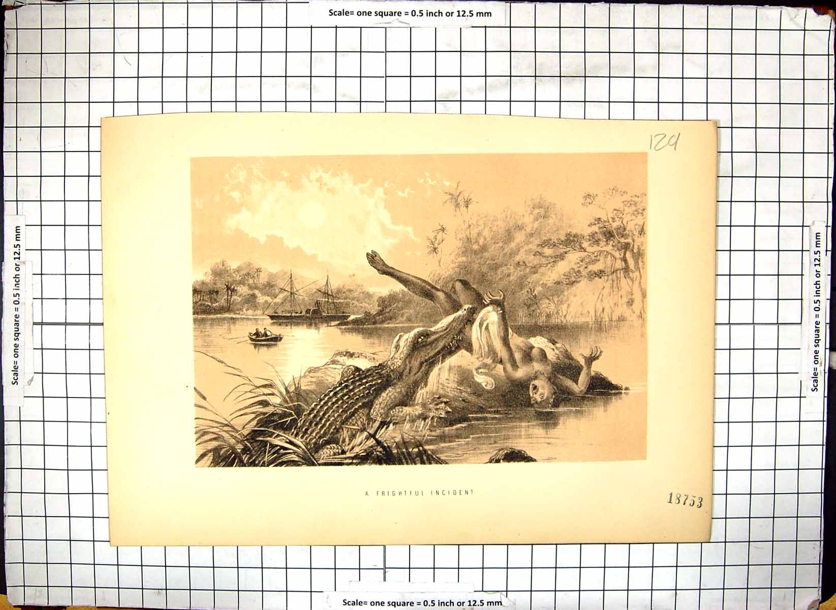 Antique Old Print Frightful Incident Naked Lady Attacked Crocodile Ship Boat