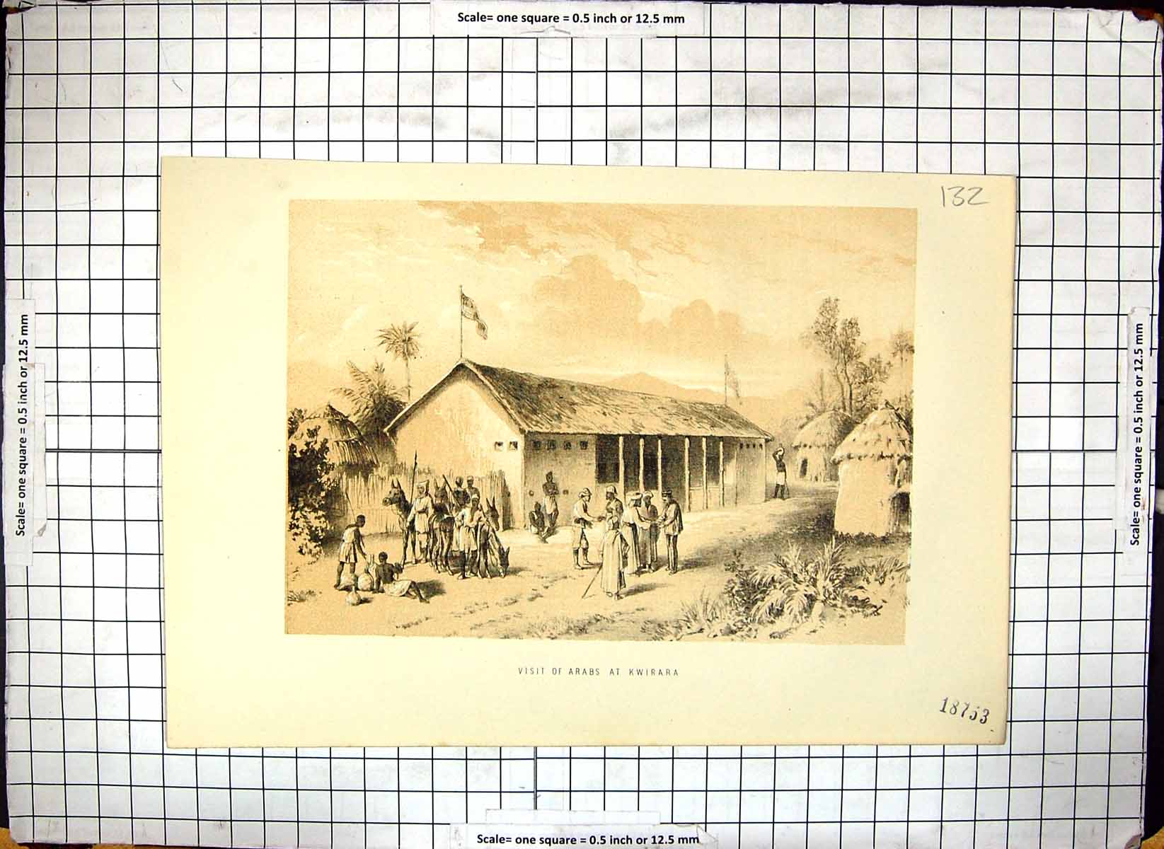 Original Old Antique Print Scene Visit Arabs At Kwirara Village