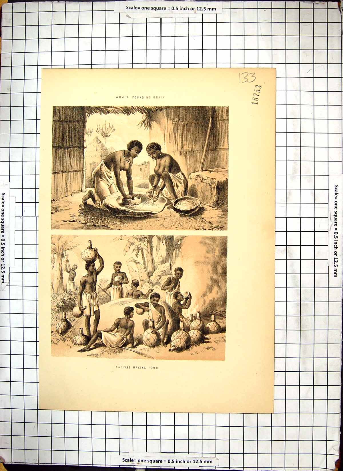 Original Old Antique Print Women Pounding Grain Natives Making Pombe Industry