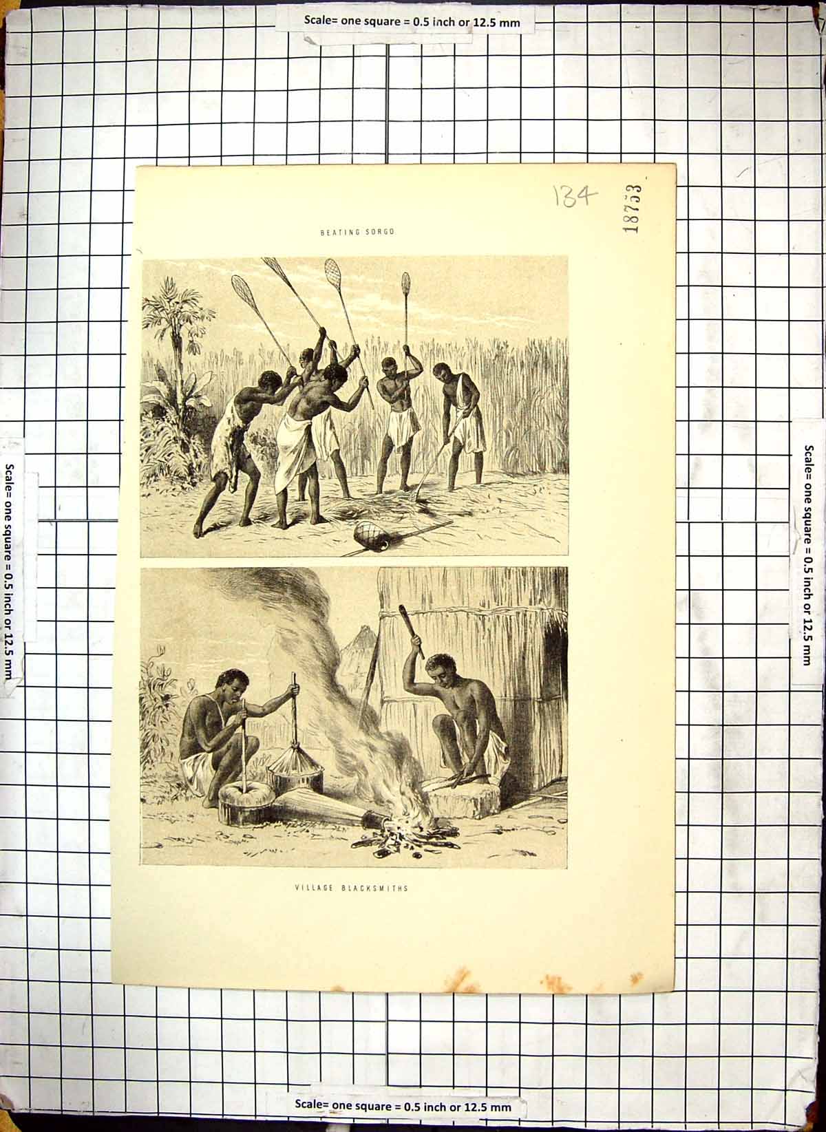 Antique Old Print Natives Beating Sorgo Agriculture Scene Village Blacksmiths