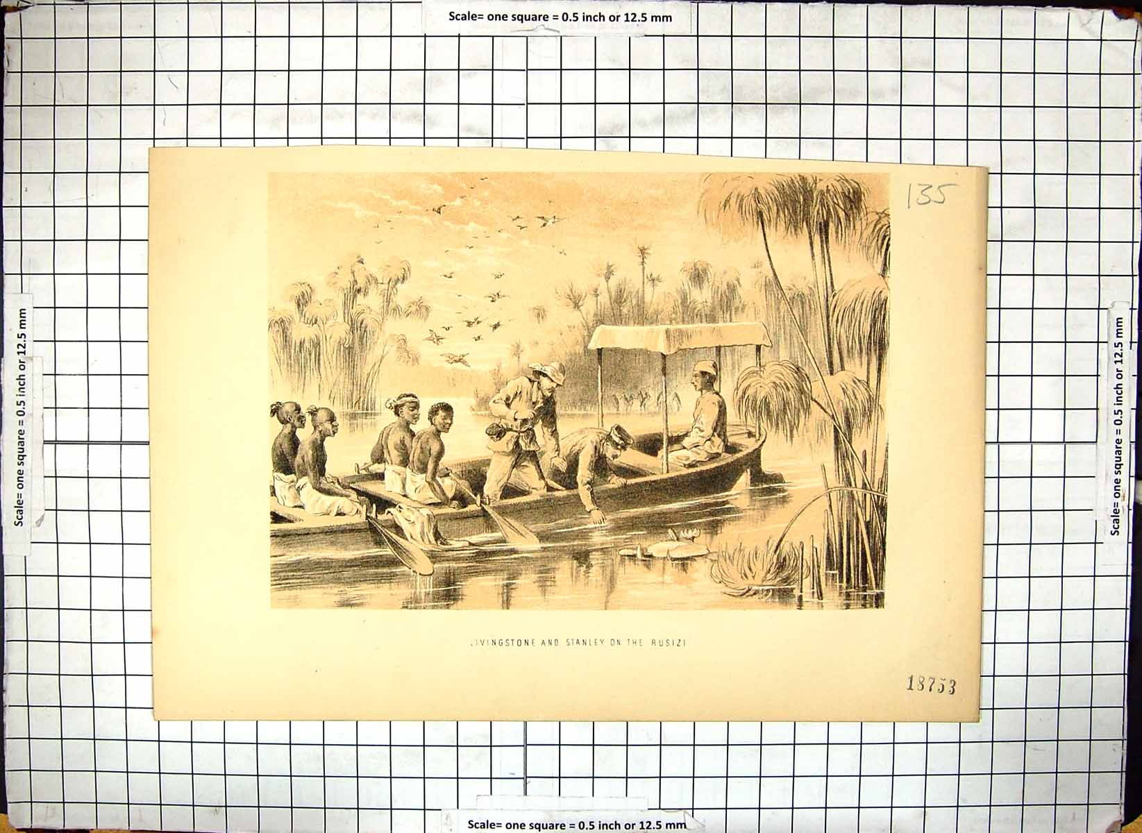 Antique Old Print Doctor Livingstone Stanley Rusizi River Boat Exploration