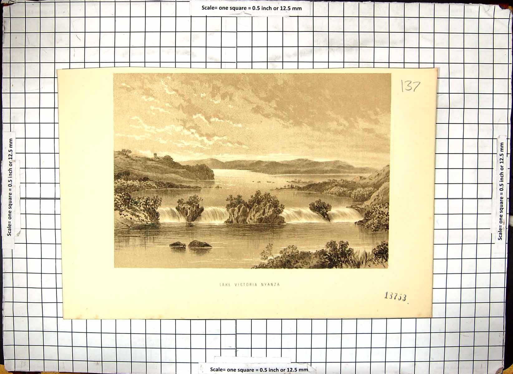 Original Old Antique Print Lake Victoria Nyanza River Scene Mountains