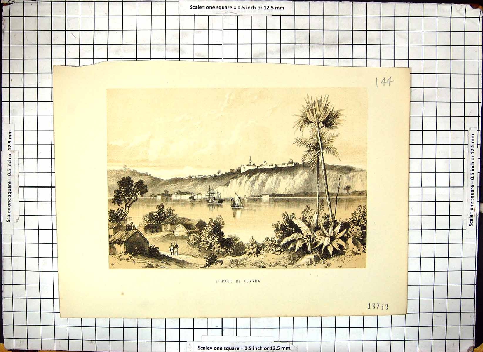 Original Old Antique Print View St. Paul De Loanda Ships Cliffs