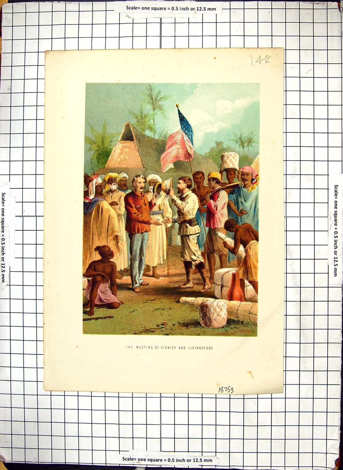 Old Print Colour Scene Meeting Doctor Stanley Livingstone Natives Africa