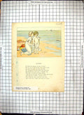 Original Old Antique Print Colour Little Girl Sick Bed Beach Seaside Scene