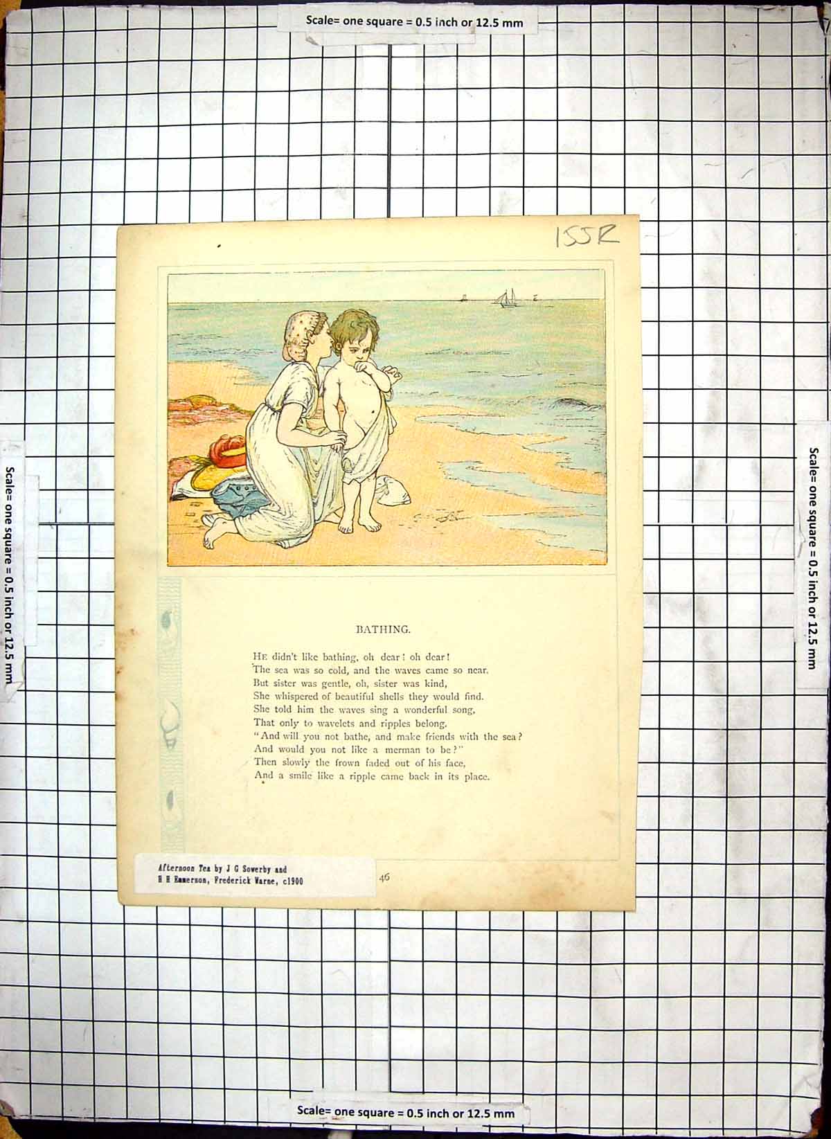 Original Old Antique Print Colour Little Girl Sick Bed Beach Seaside Scene
