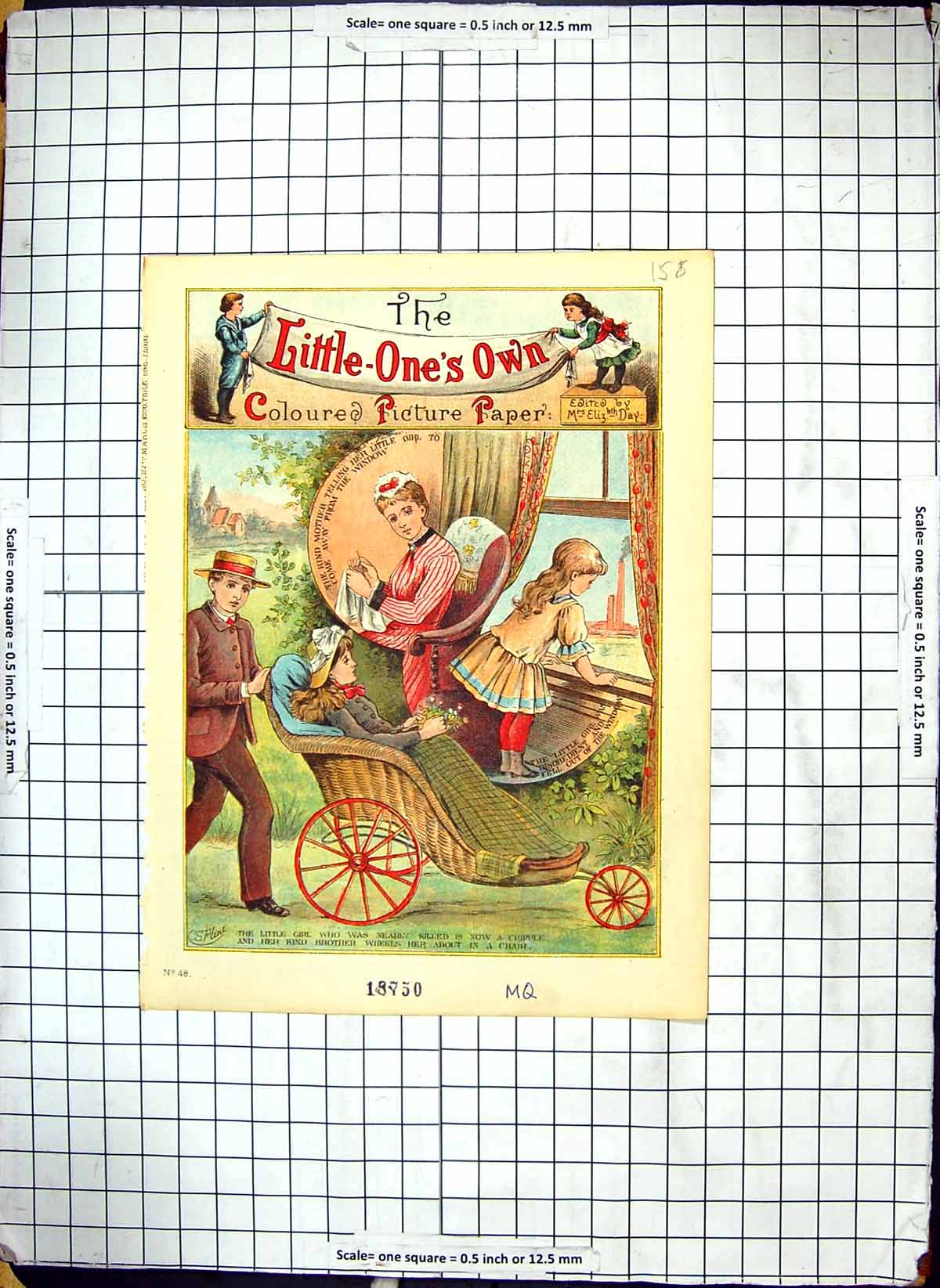 Antique Old Print Colour Illustration Little-One'S Own Children Wheelchair