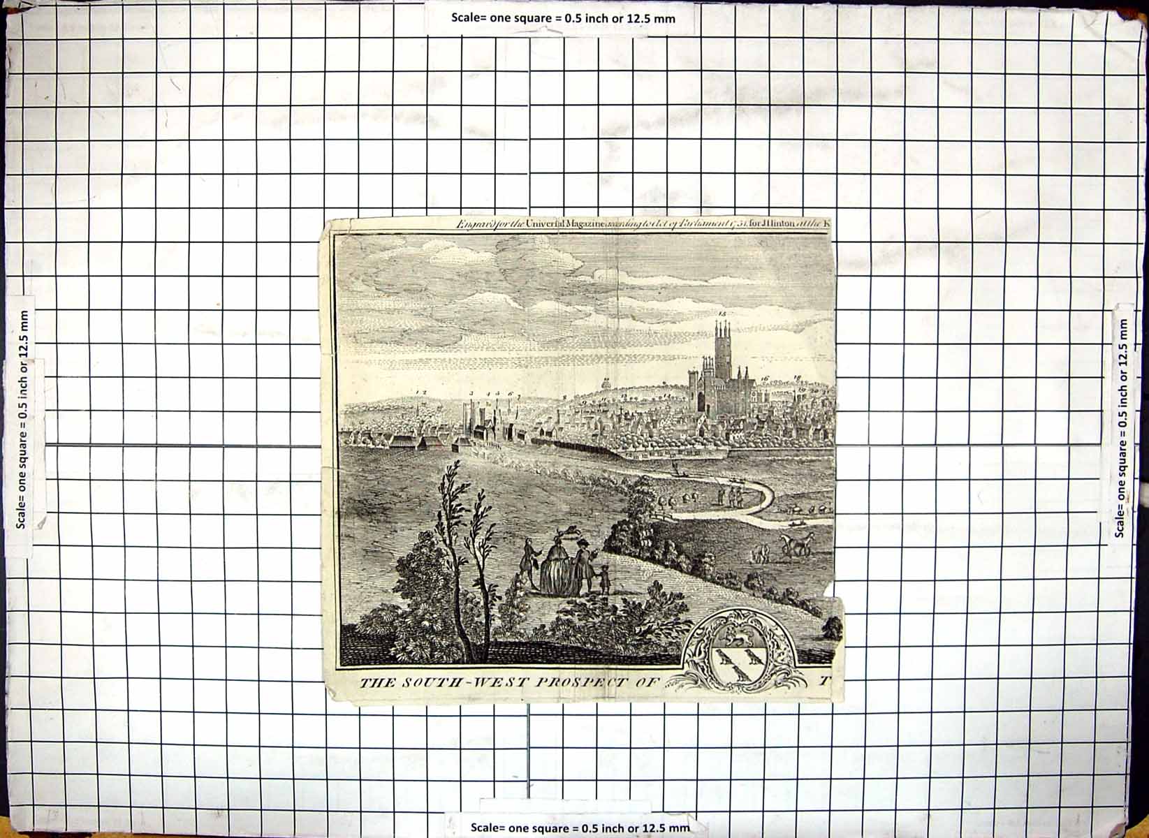 Original Old Antique Print Engraving City Cathedral Architecture Hinton