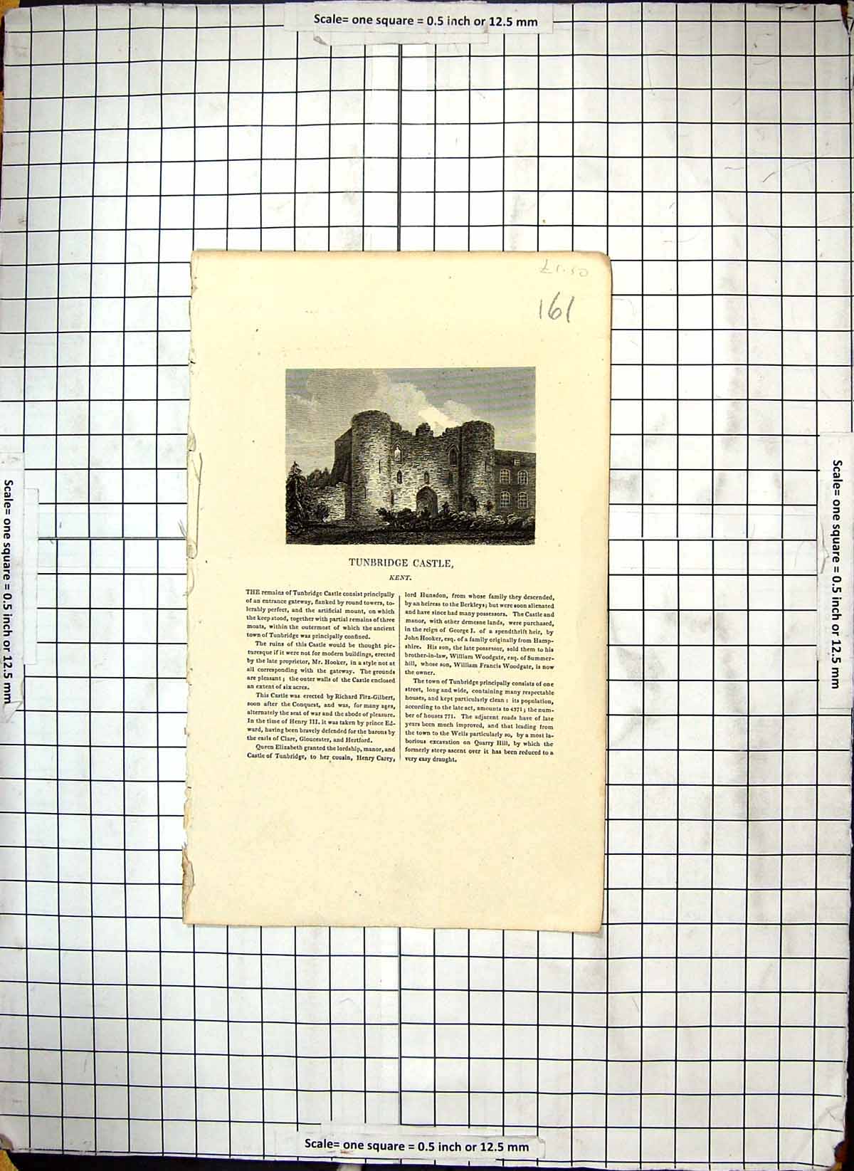 Old Print Enrgaving Exterior Tun Bridge Castle Kent England Architecture