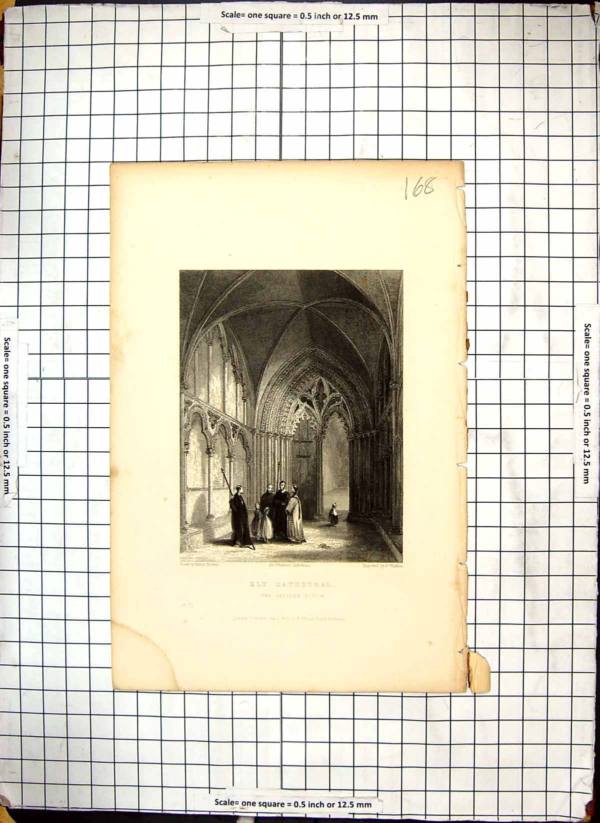Old Print Engraving Ely Cathedral Galilee Porch 1837 Winkles Architecture 19th