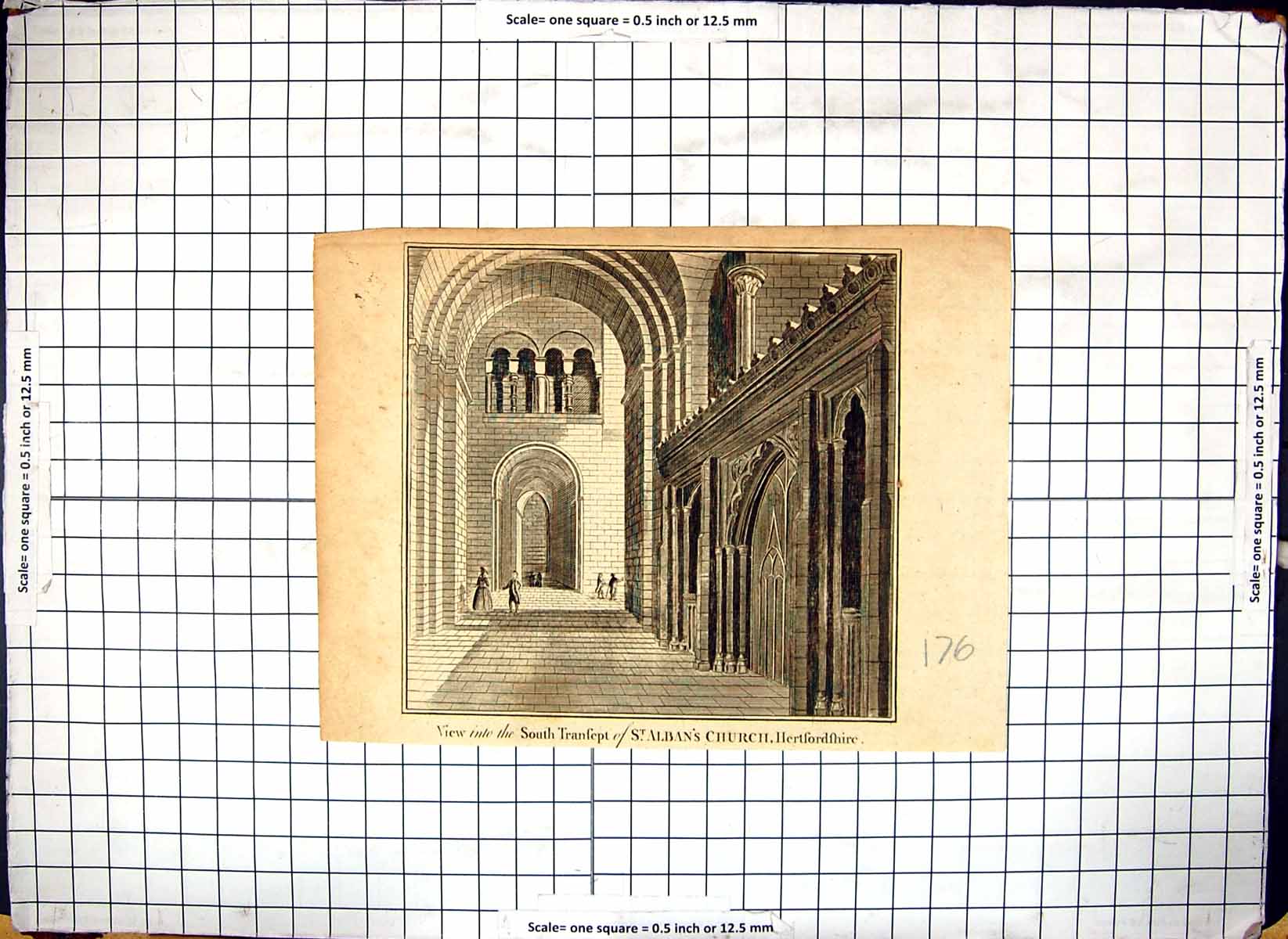 Antique Old Print View Transept St. Albans Church Hertfordshire Architecture