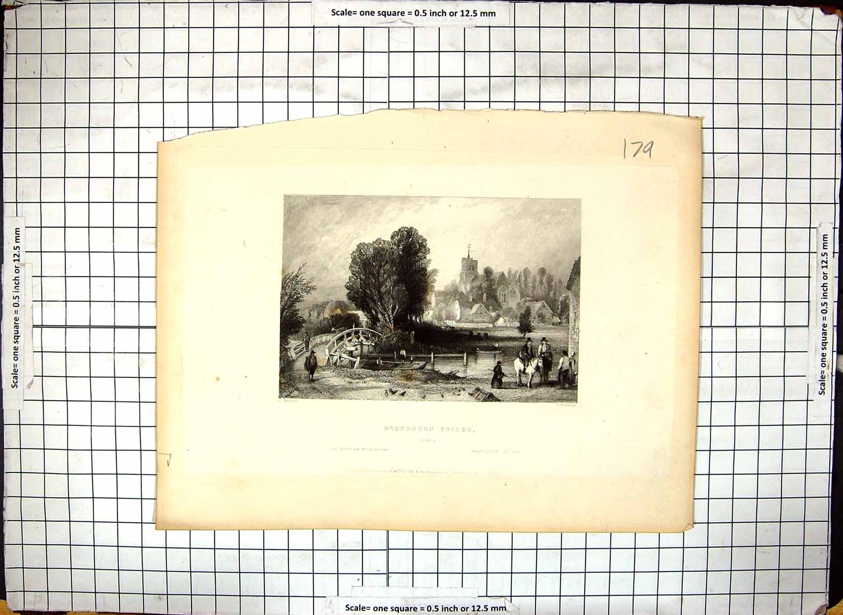 Old Print Engraving Broxbourn Bridge Hertfordshire Church River Marshall 18th