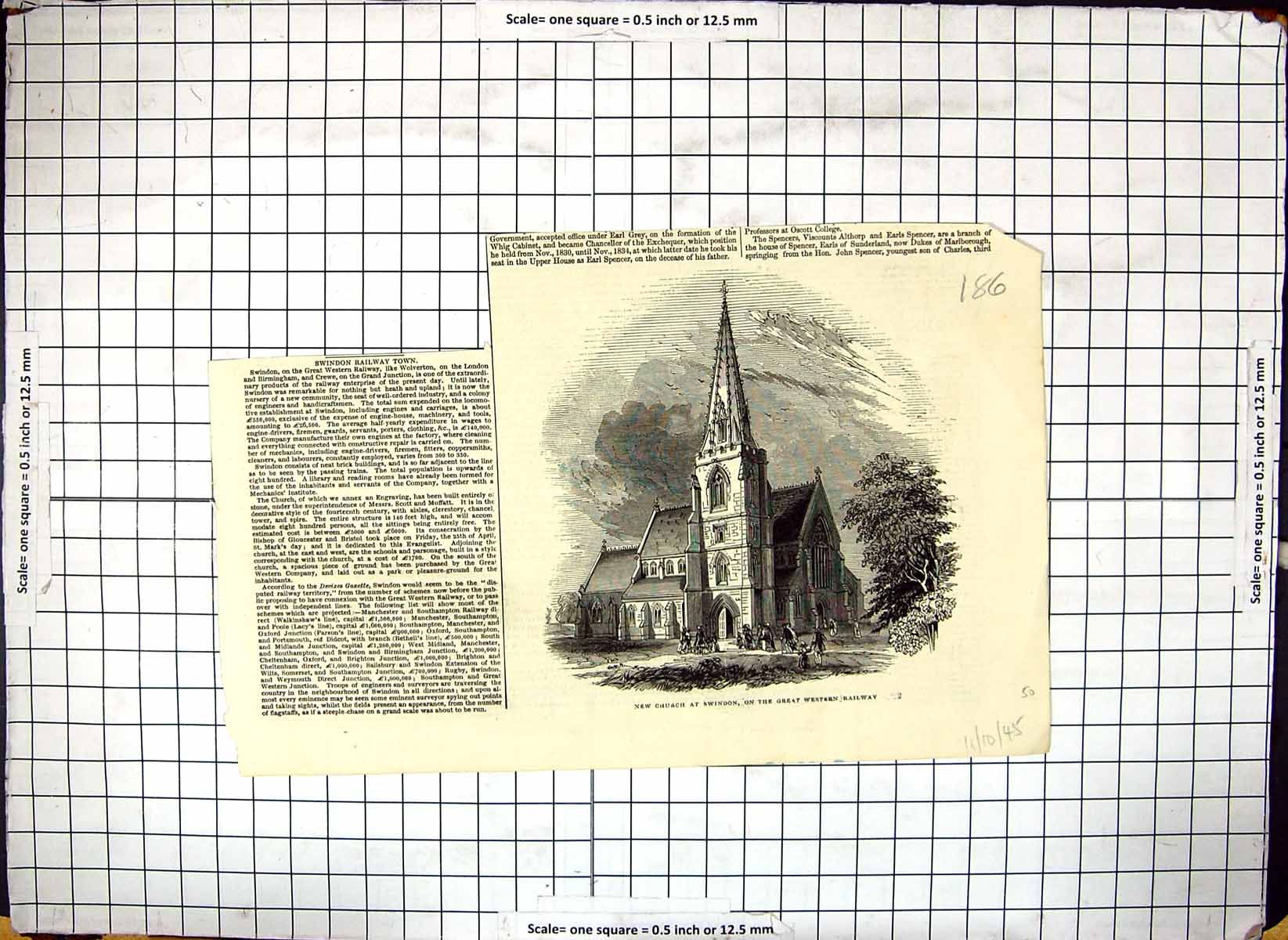 Original Old Antique Print New Swindon Church Great Western Railway 1845 19th