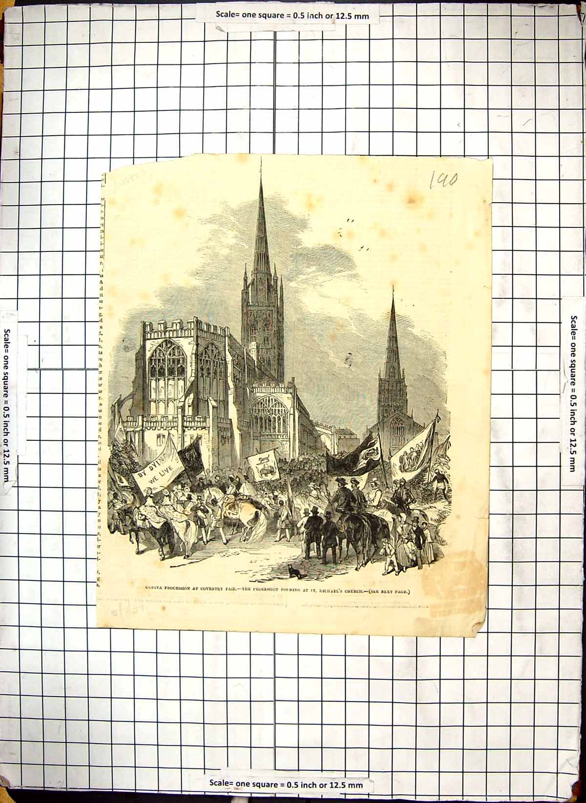 Antique Print 1851 Coventry Fair Godiva At St. Michaels Church Architecture