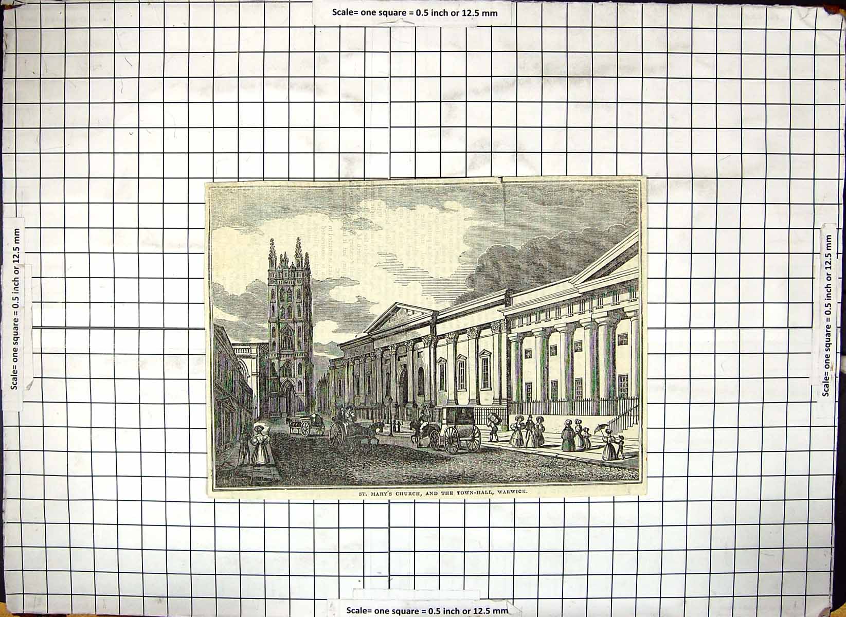 Old Print St. Mary'S Church Warwick Town Hall Architecture Horse Carriage 20th