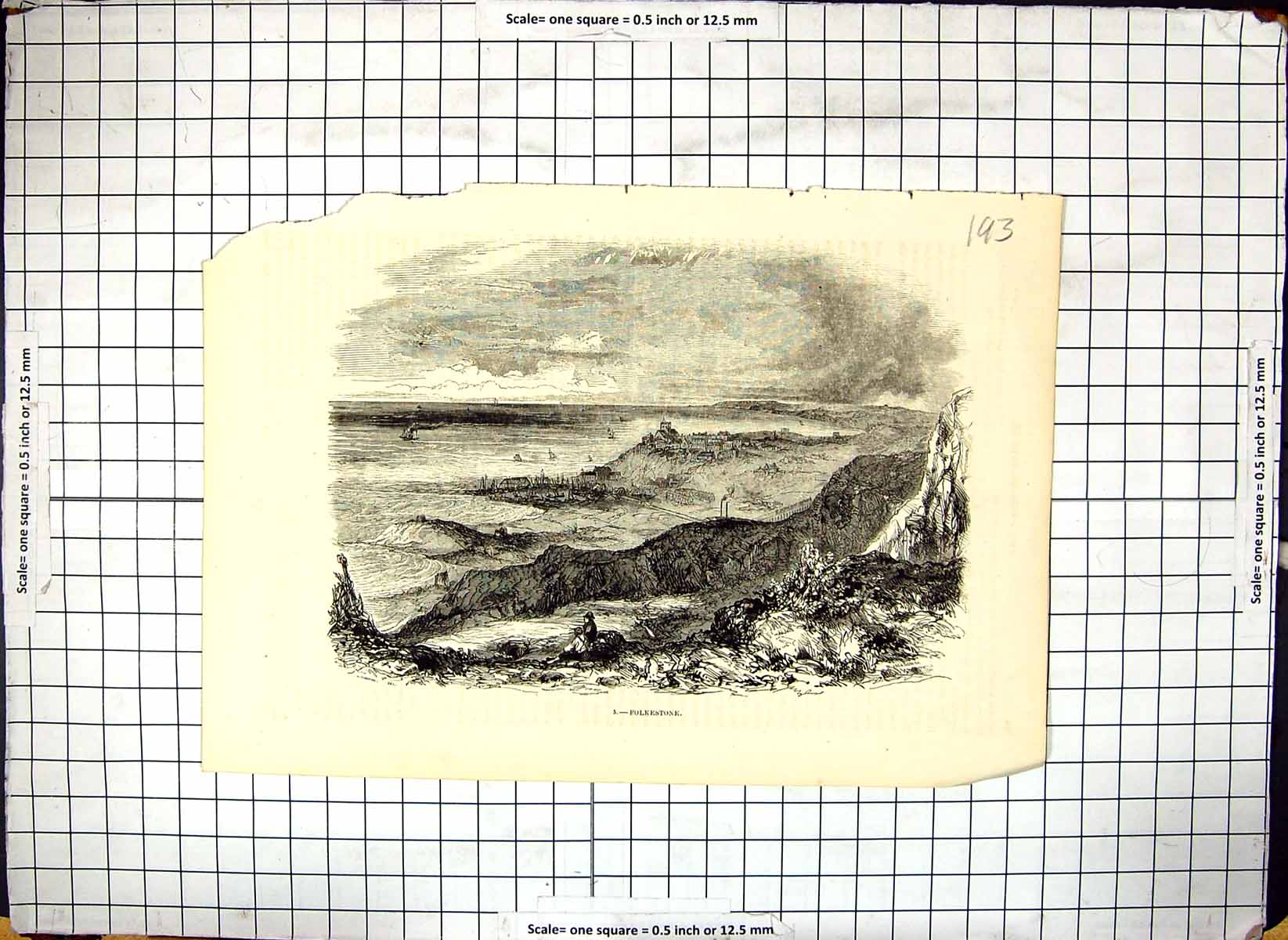 Original Old Antique Print Folkestone Scene Kent England Sea Boats Village 20th