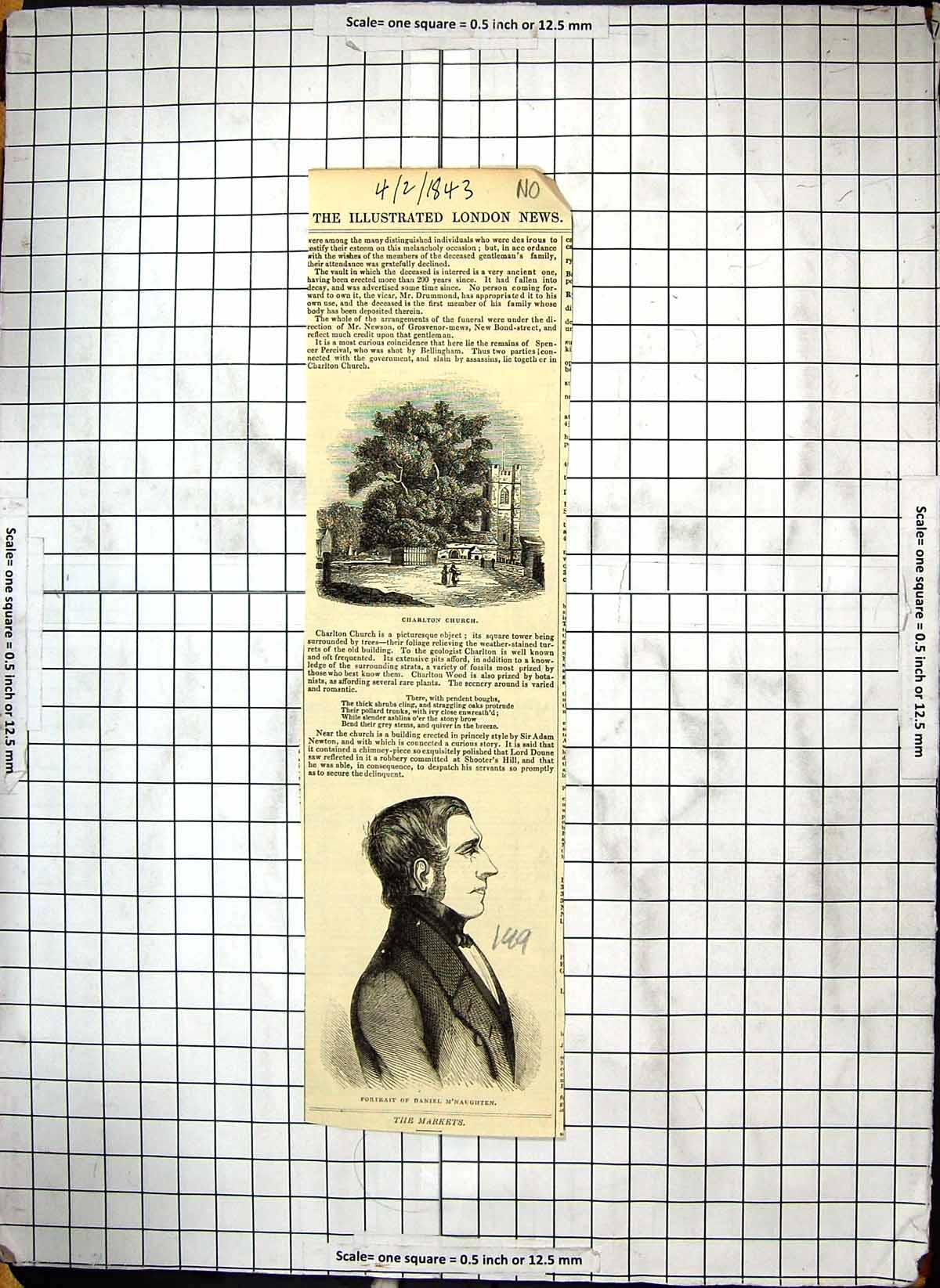 Original Old Antique Print 1843 Charlton Church Daniel M'Naughten Portrait 19th