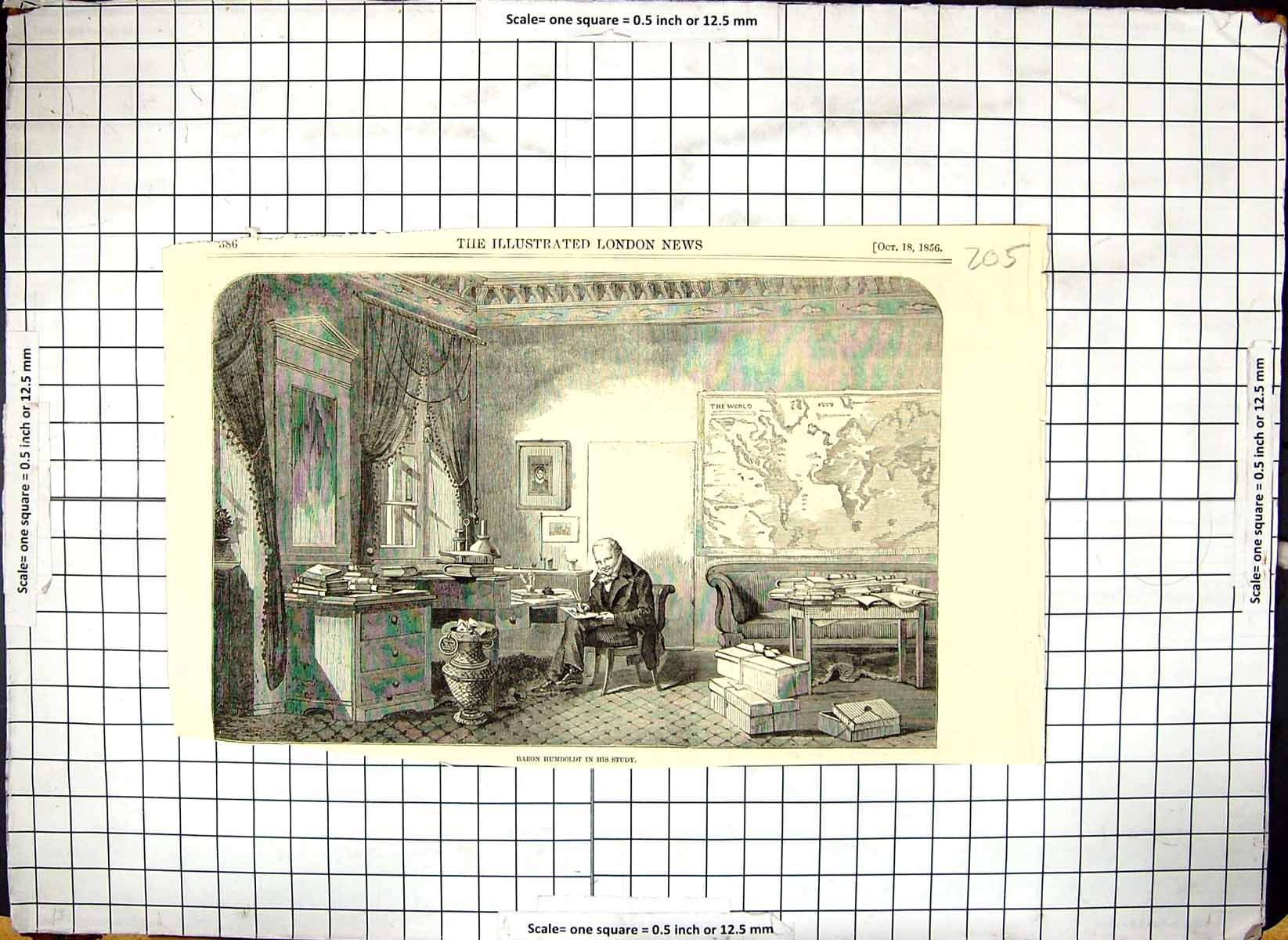 Original Old Antique Print Baron Humbt In His Study