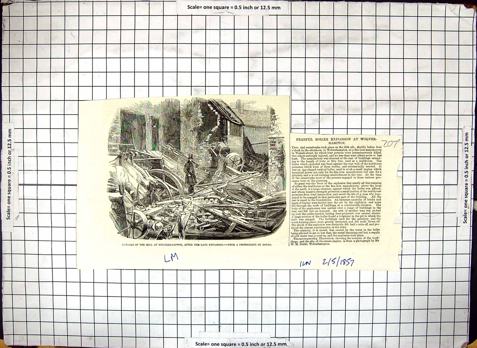 Antique Old Print 1857 Fearful Boiler Explosion At Wolverhampton Mill Remains