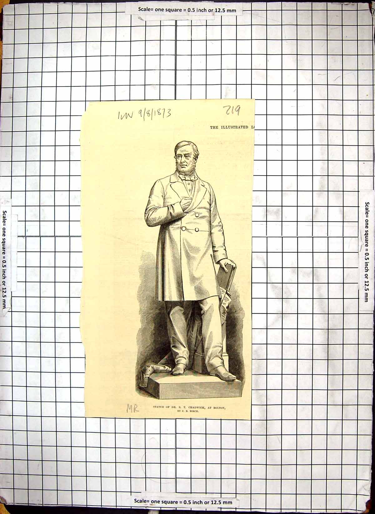 Original Old Antique Print 1873 Doctor Chadwick Statue At Bolton By Birch 19th