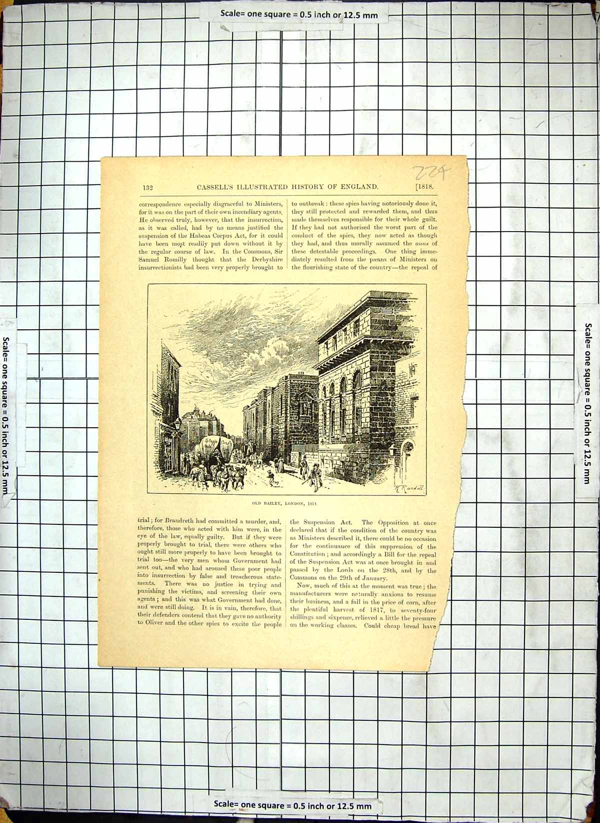 Original Old Antique Print 1818 Street Scene Bailey Court House London England