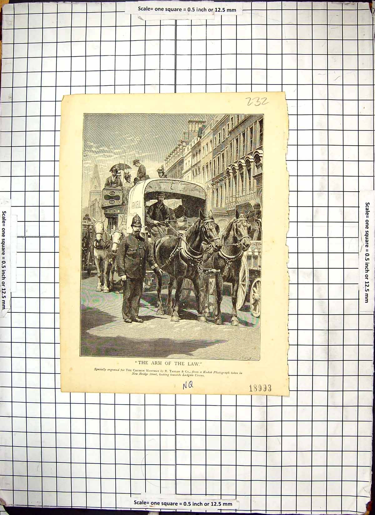 Antique Old Print Policeman Horses Coach Transport London Bloodgate Circus