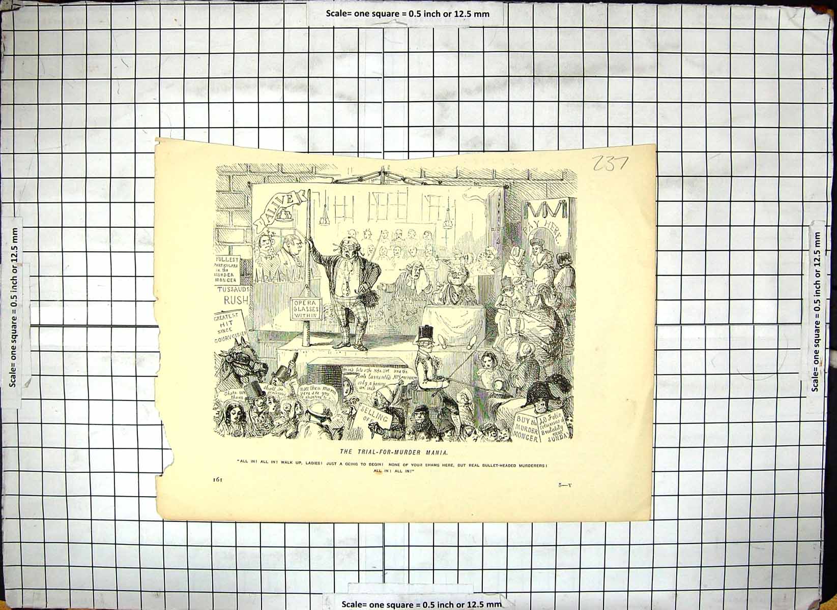 Original Old Antique Print Trail-For-Murder Mania Announcer Man Stage