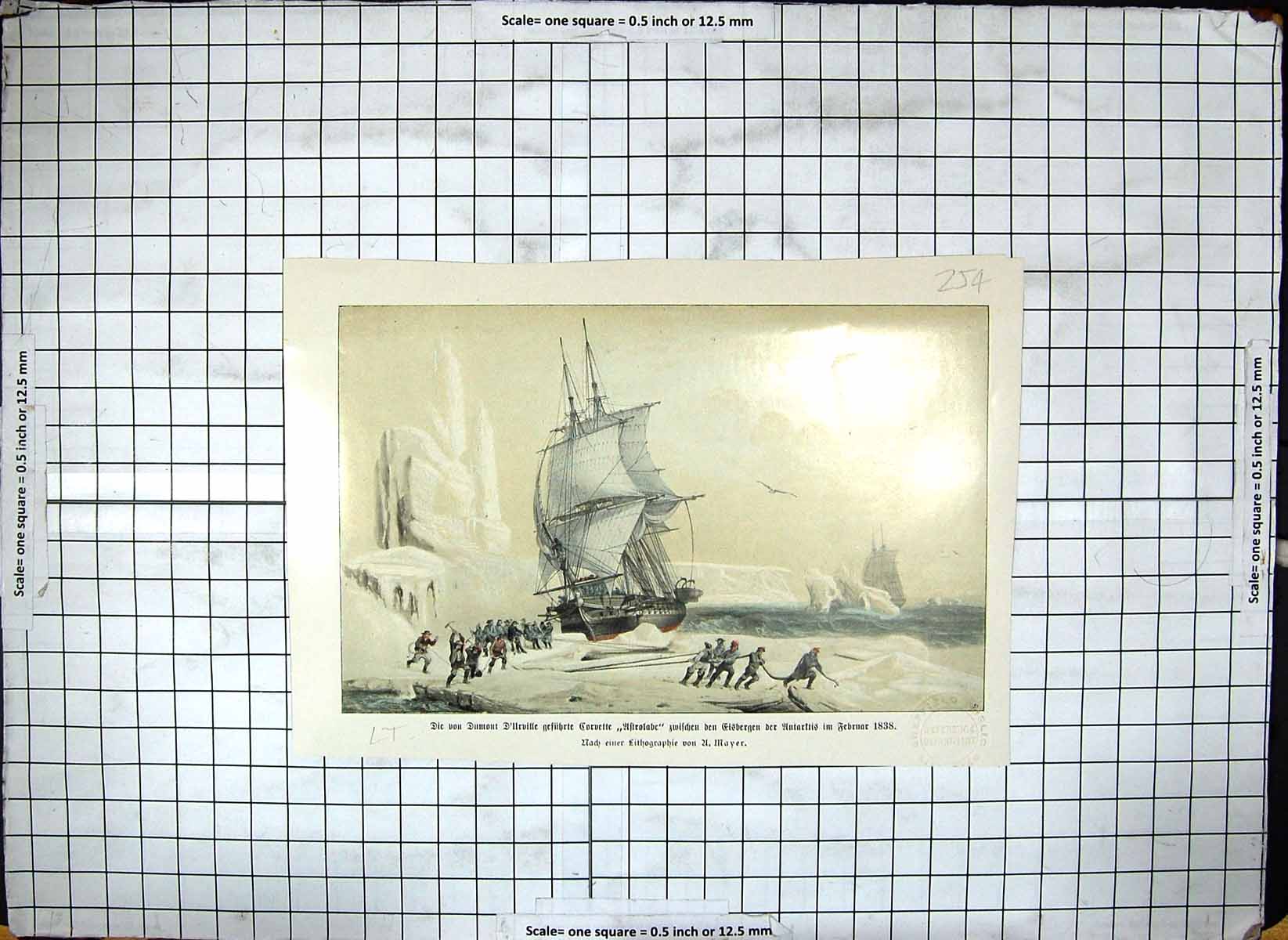 Original Old Antique Print Colour 1838 Sailing Ship Icebergs Mayer Victorian