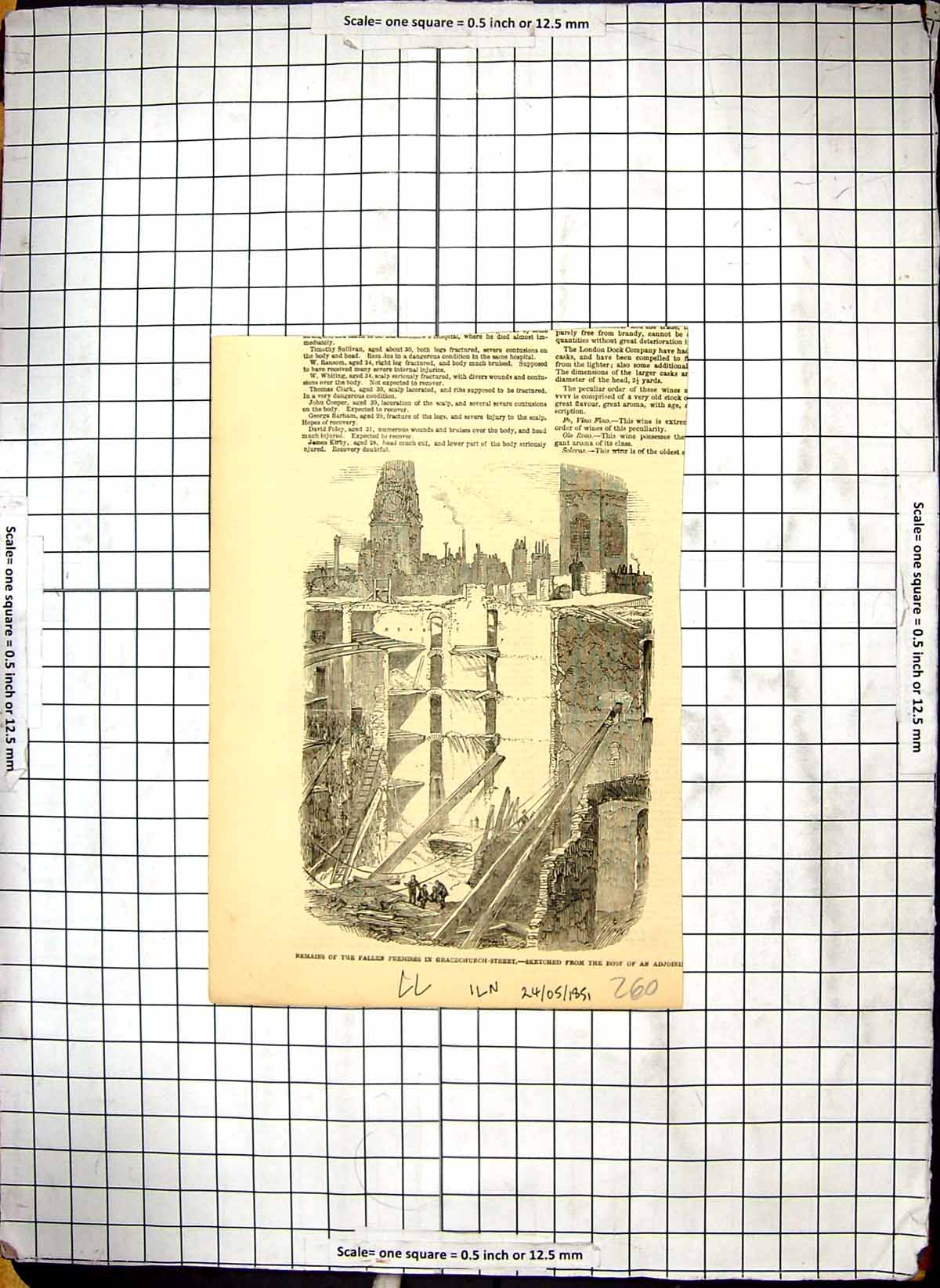 Antique Old Print 1851 Remains Fallen Buildings Grace Church Street London 19th