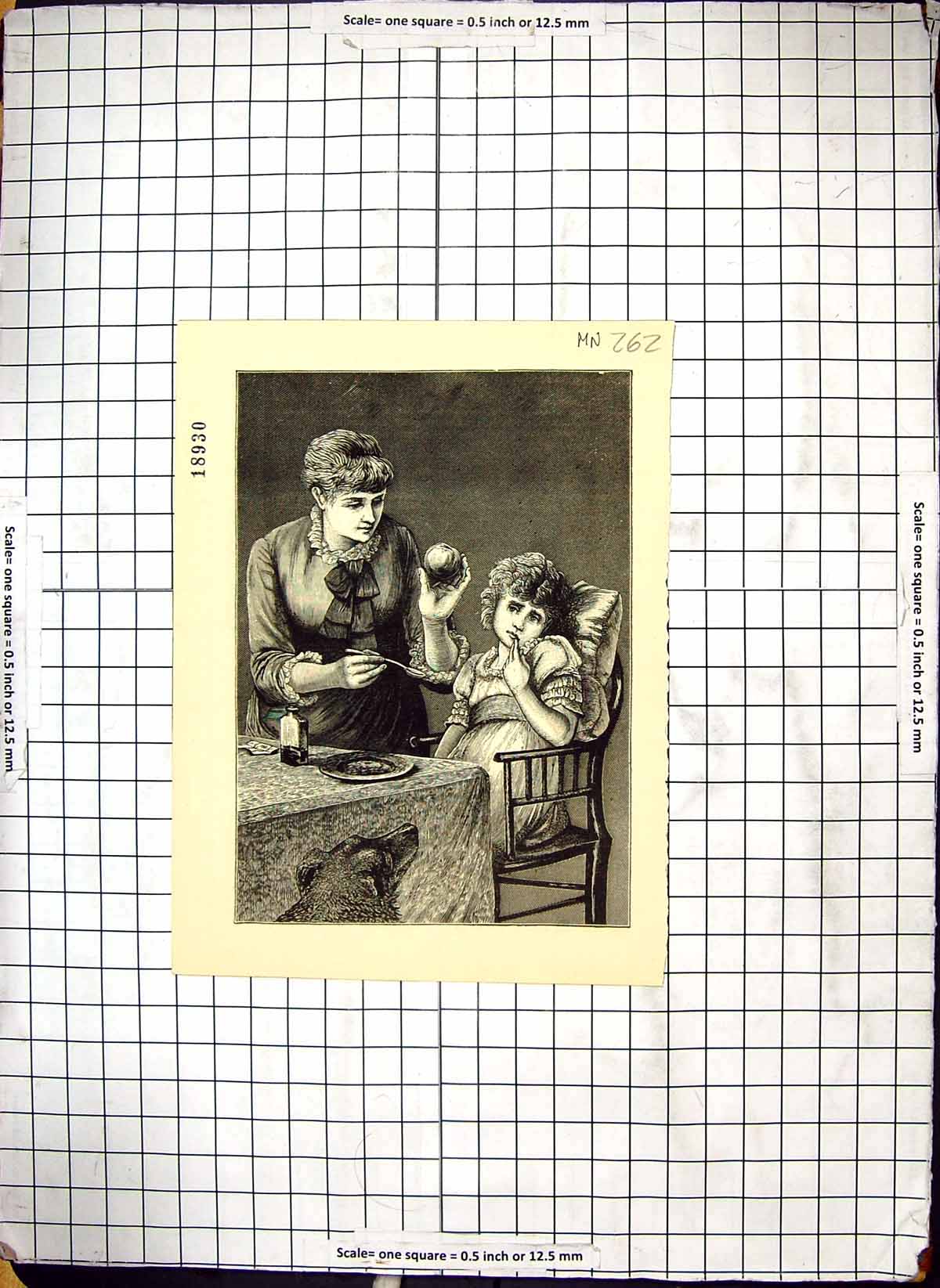 Original Old Antique Print Mother Feeding Little Girl Dinner Table Dog
