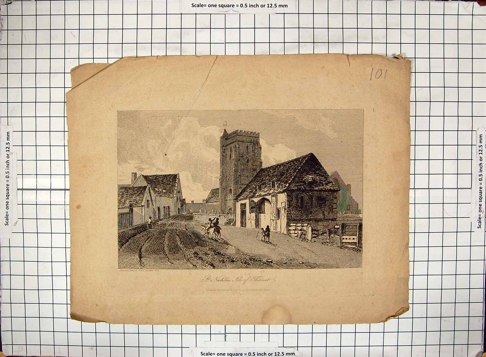Original Old Antique Print View St. Nicholas Isle Thanet Church Architecture