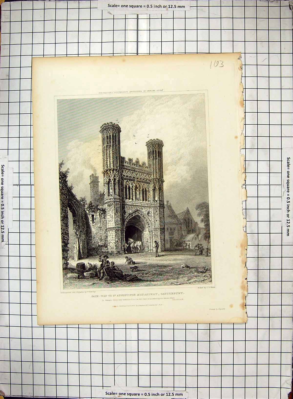 Old 1828 Architecture Gate St. Augustines Monastery Canterbury Cresy 19th