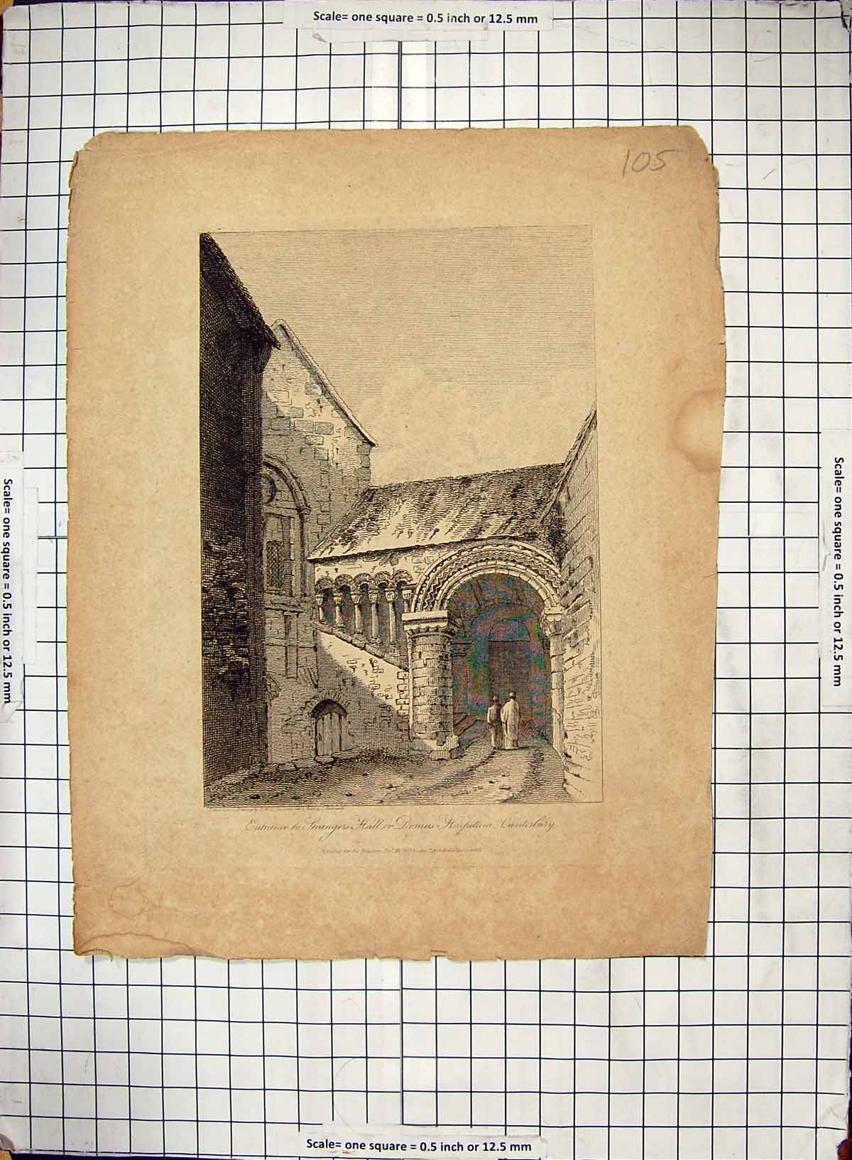 Old Antique Print Entrance Strangers Hall Domus Hospitum Canterbury 1810 19th