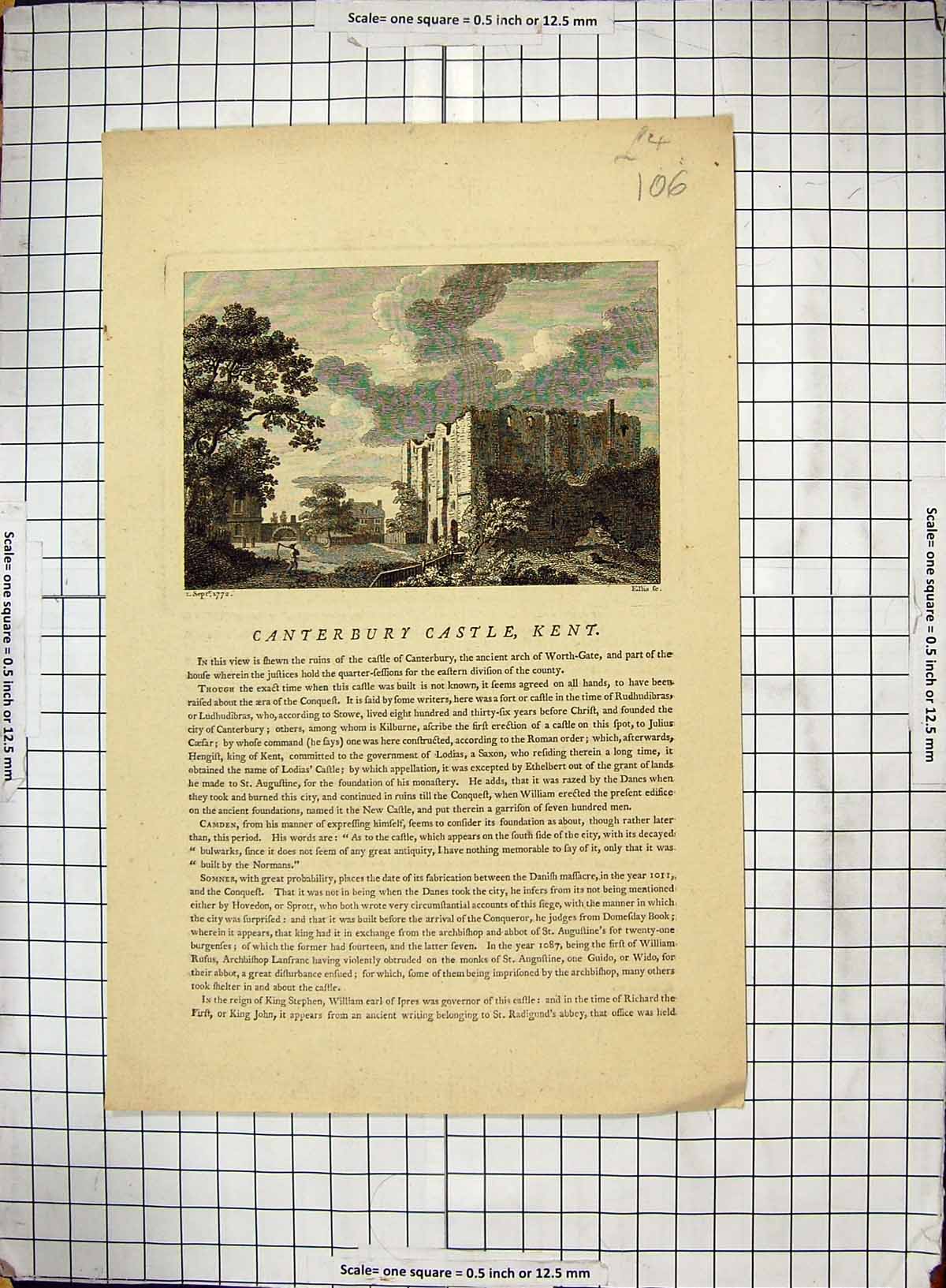 Original Old Antique Print 1772 Architecture Canterbury Castle Kent England