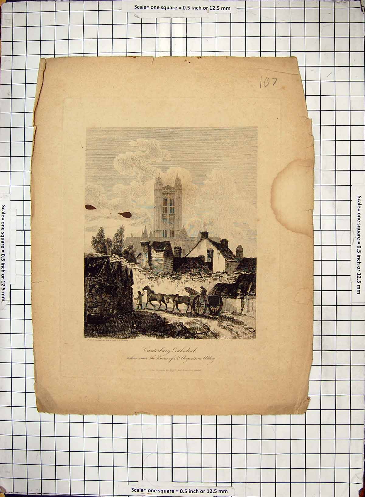 Original Old Antique Print Architecture Canterbury Cathedral Augustines Abbey