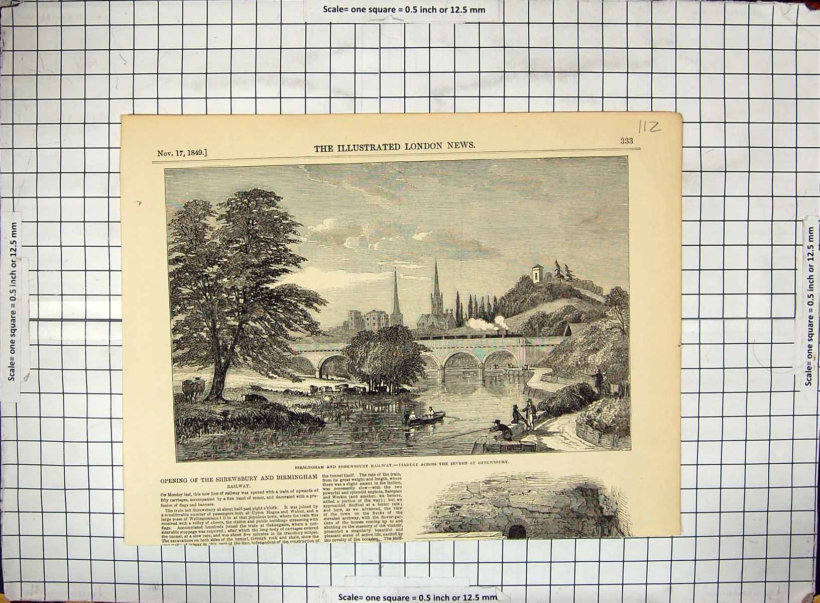 Old Antique Print 1849 Birmingham Shrewsbury Railway Viaduct River Severn 19th