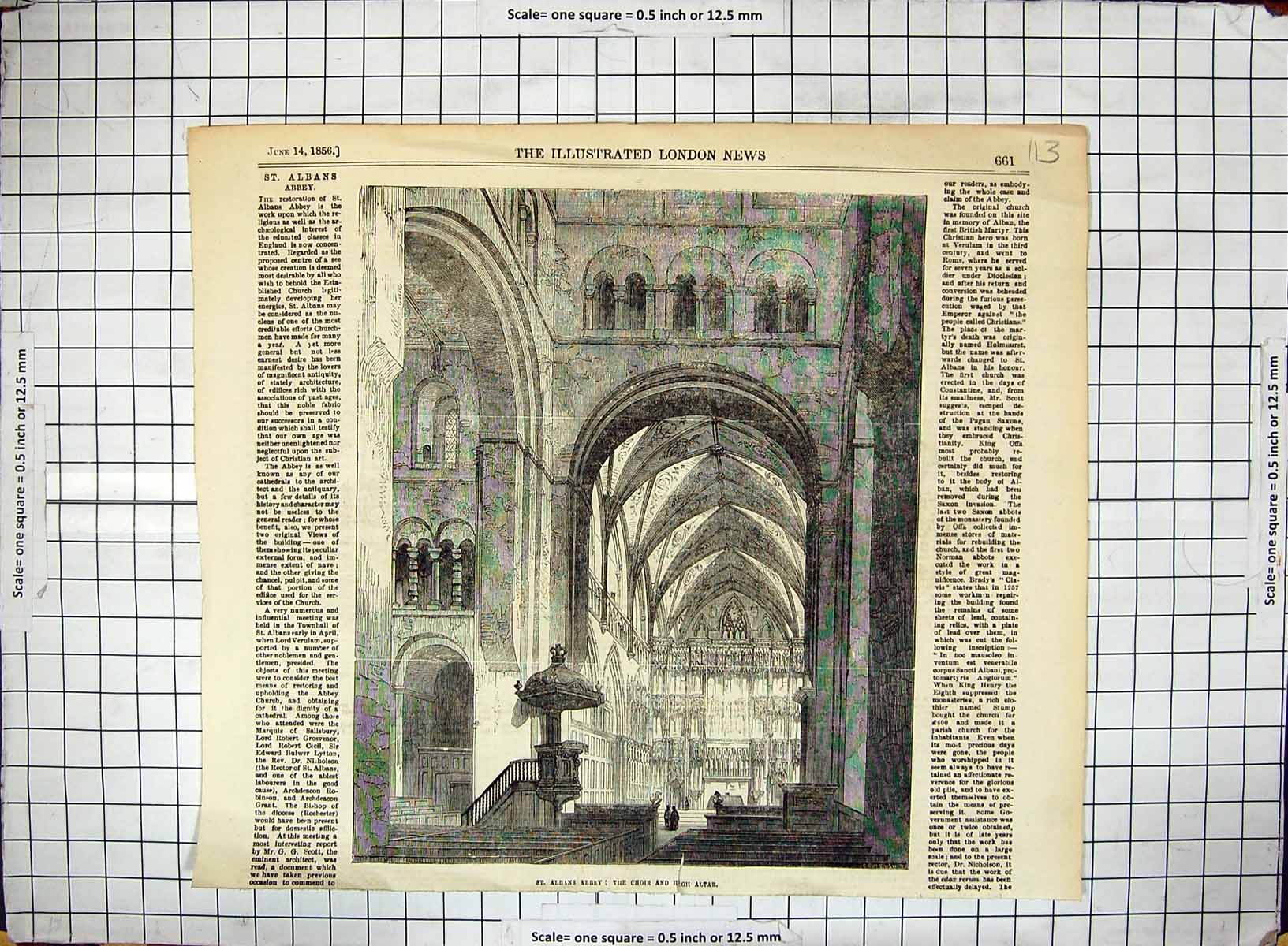 Original Old Antique Print 1856 Interior St. Albans Abbey Choir High Altar 19th